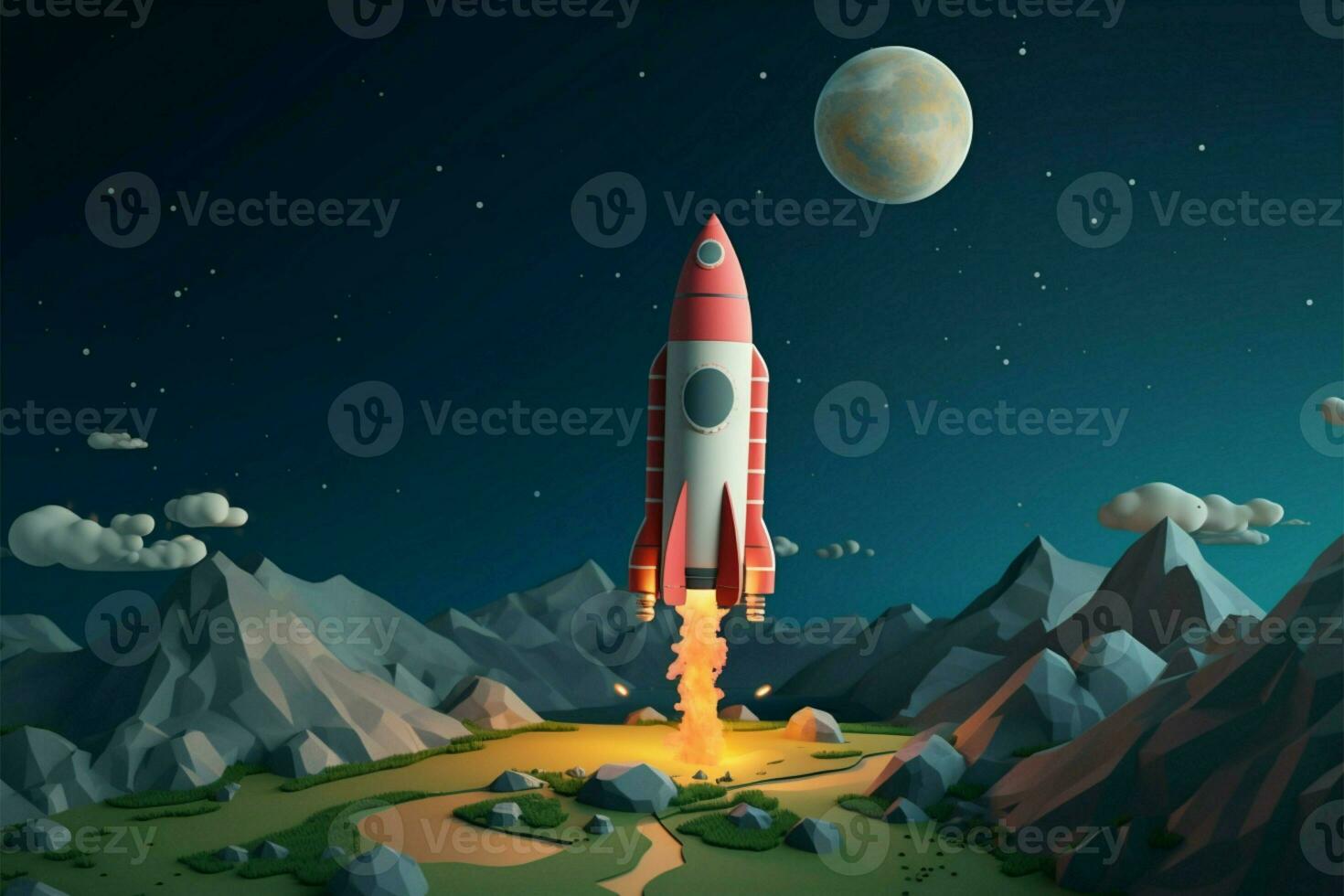 Rocket themed cartoon space background tailored for young imaginations AI Generated photo