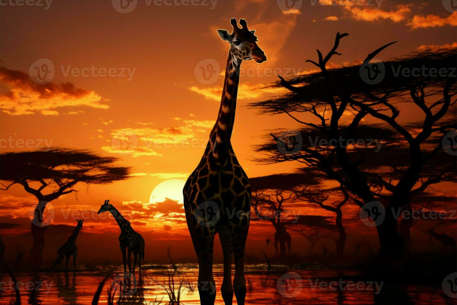Setting sun illuminates a transformed landscape with a giraffe herd AI Generated photo