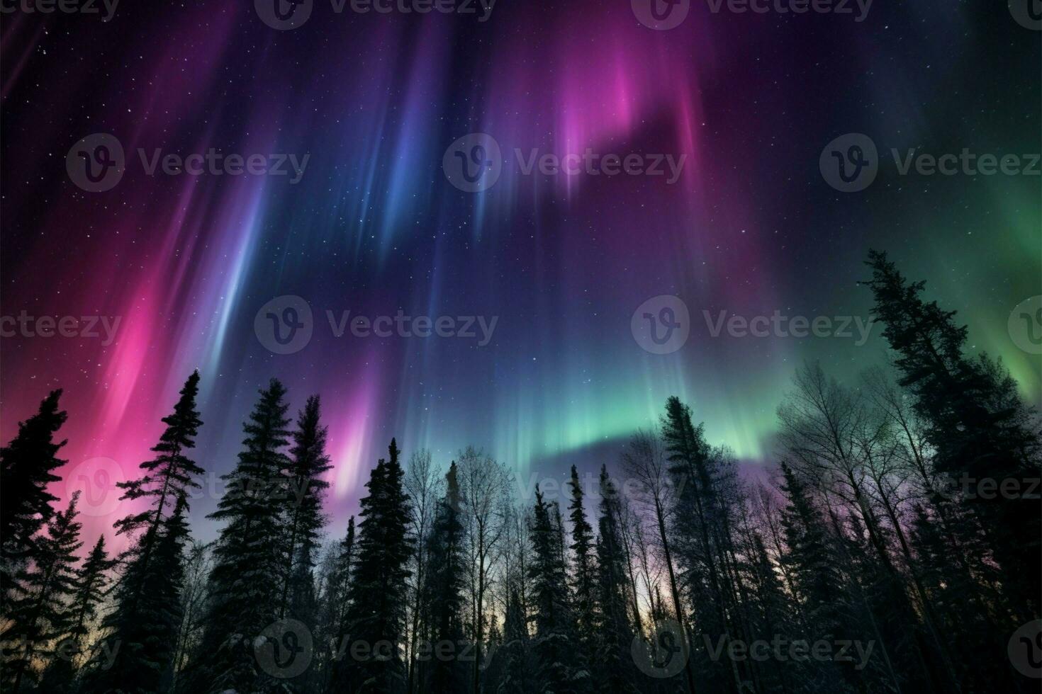 Transformed night sky purple and green aurora dances over the trees AI Generated photo