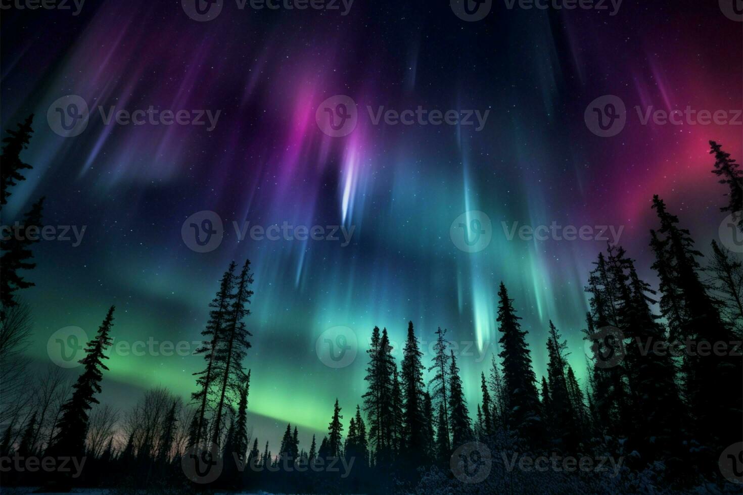 Transformed night sky purple and green aurora dances over the trees AI Generated photo