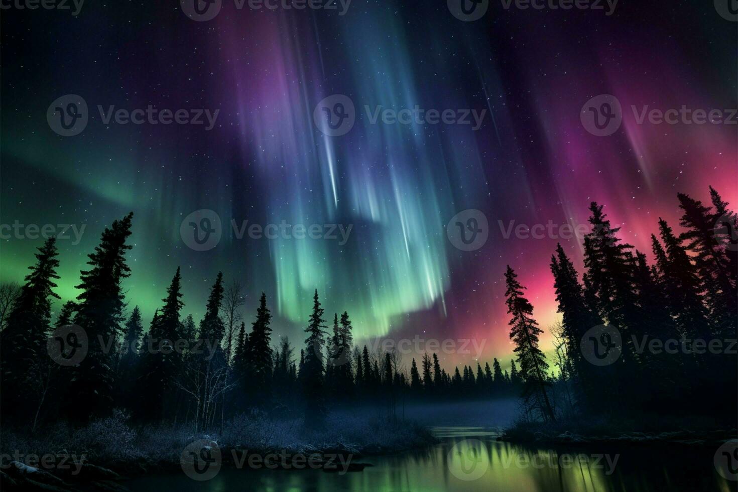 Transformed night sky purple and green aurora dances over the trees AI Generated photo