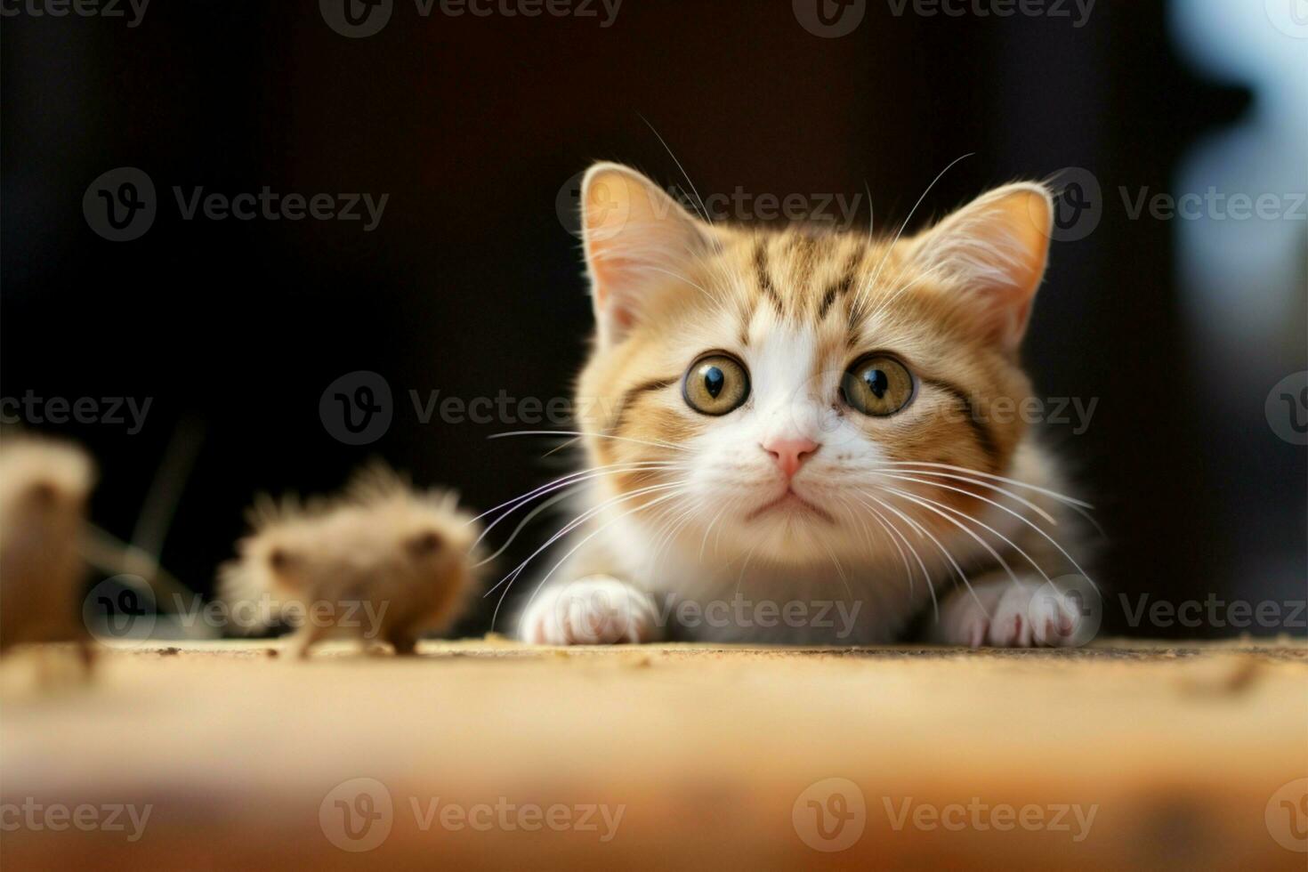 Transformed scene playful cat engages with tiny gerbil mouse on table AI Generated photo