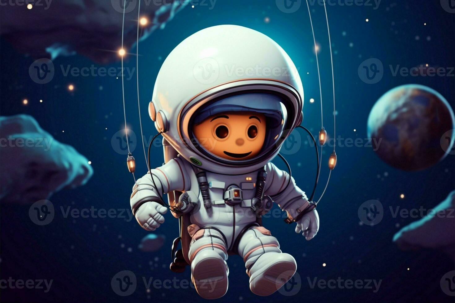 edificante espacio aventuras linda astronauta con OVNI globo en dibujos animados ai generado foto