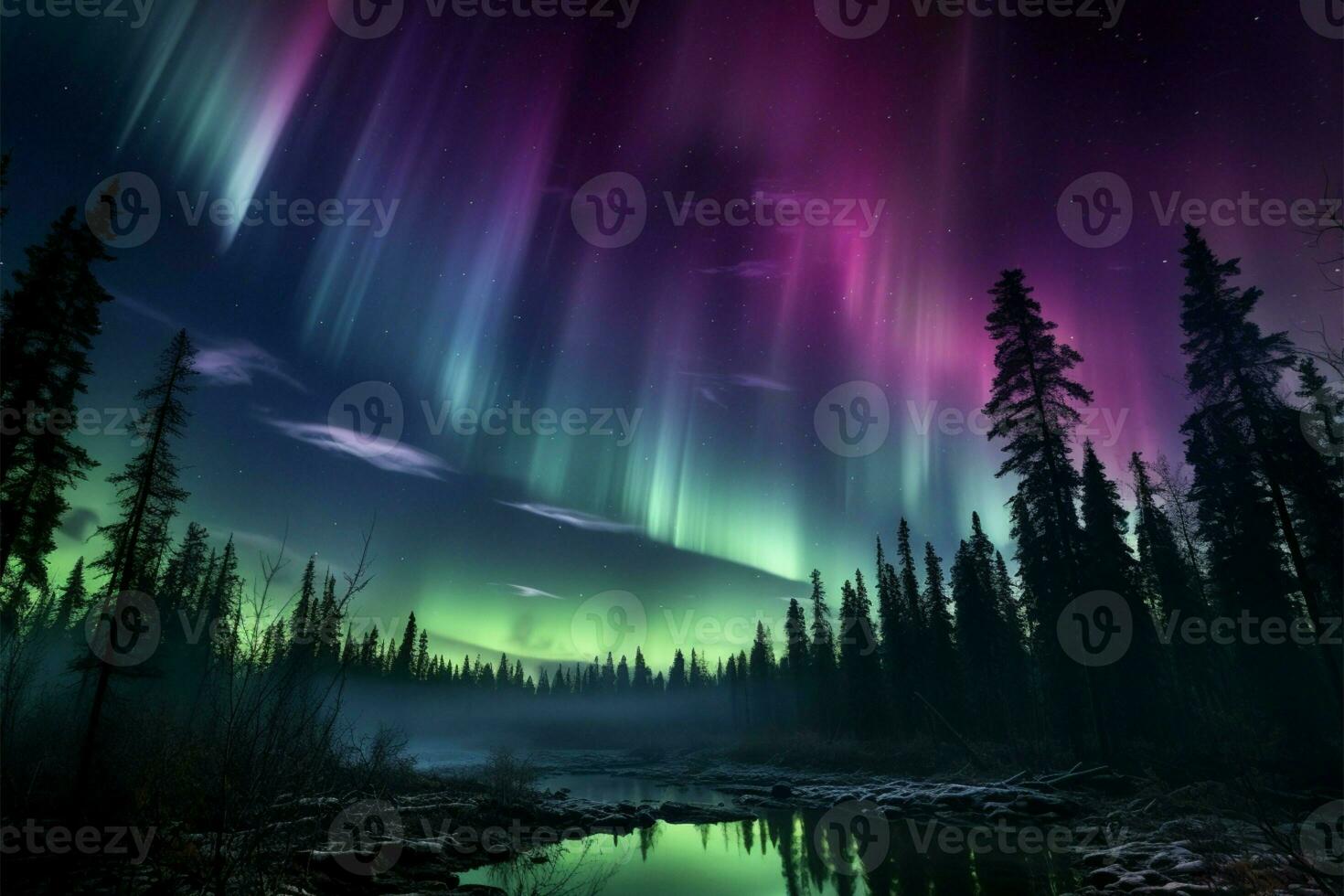 auroras magia púrpura y verde luces encima el árbol línea ai generado foto