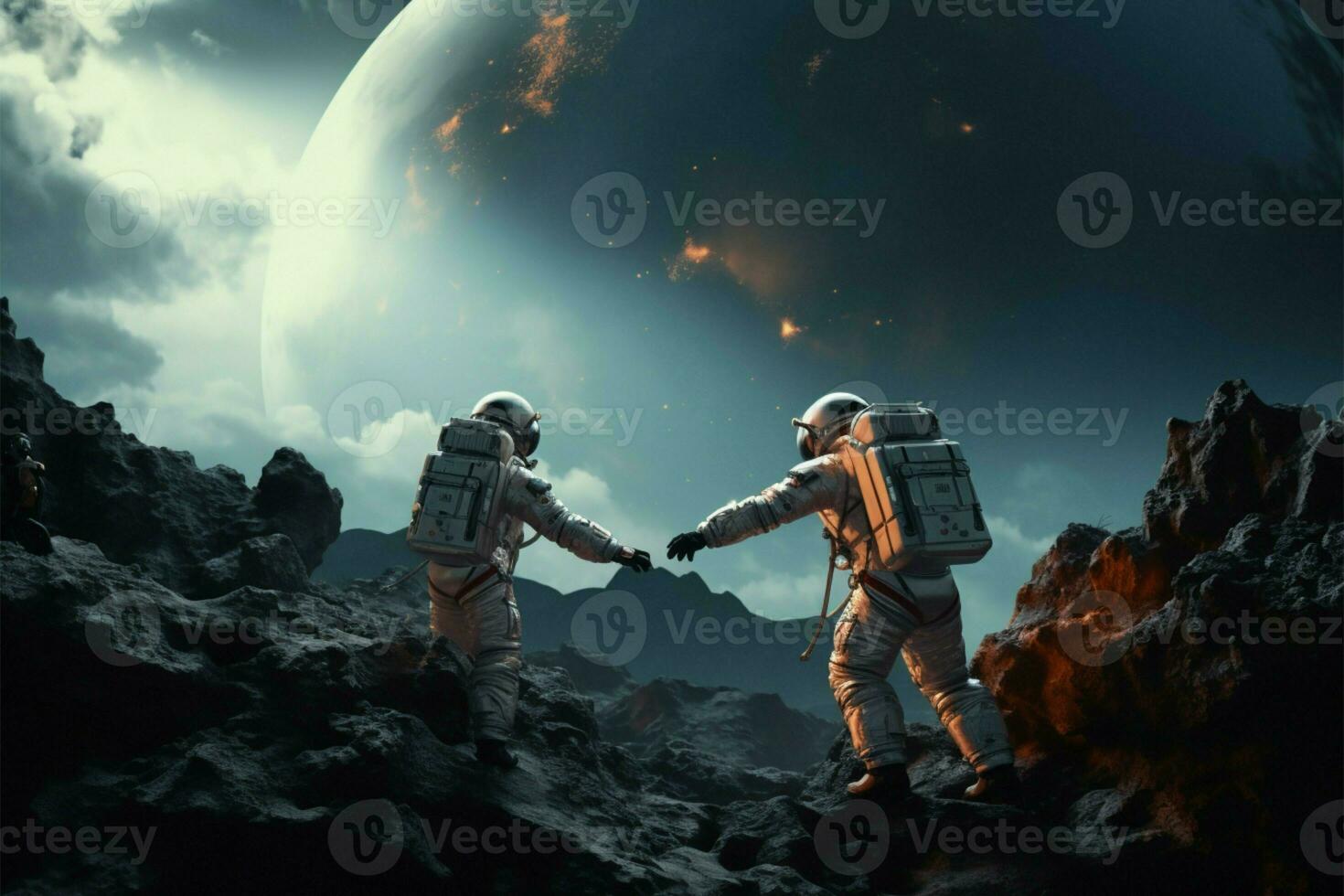 Astronauts united climbing a hill, overcoming hurdles, marking human achievement AI Generated photo