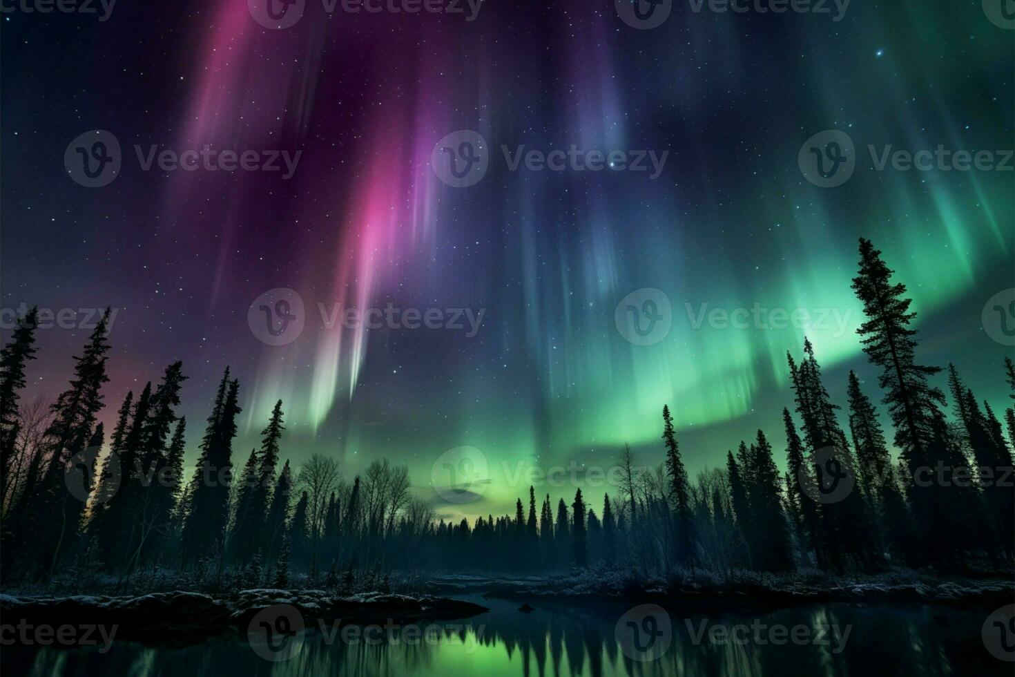 Celestial spectacle transformed night with purple and green aurora borealis AI Generated photo