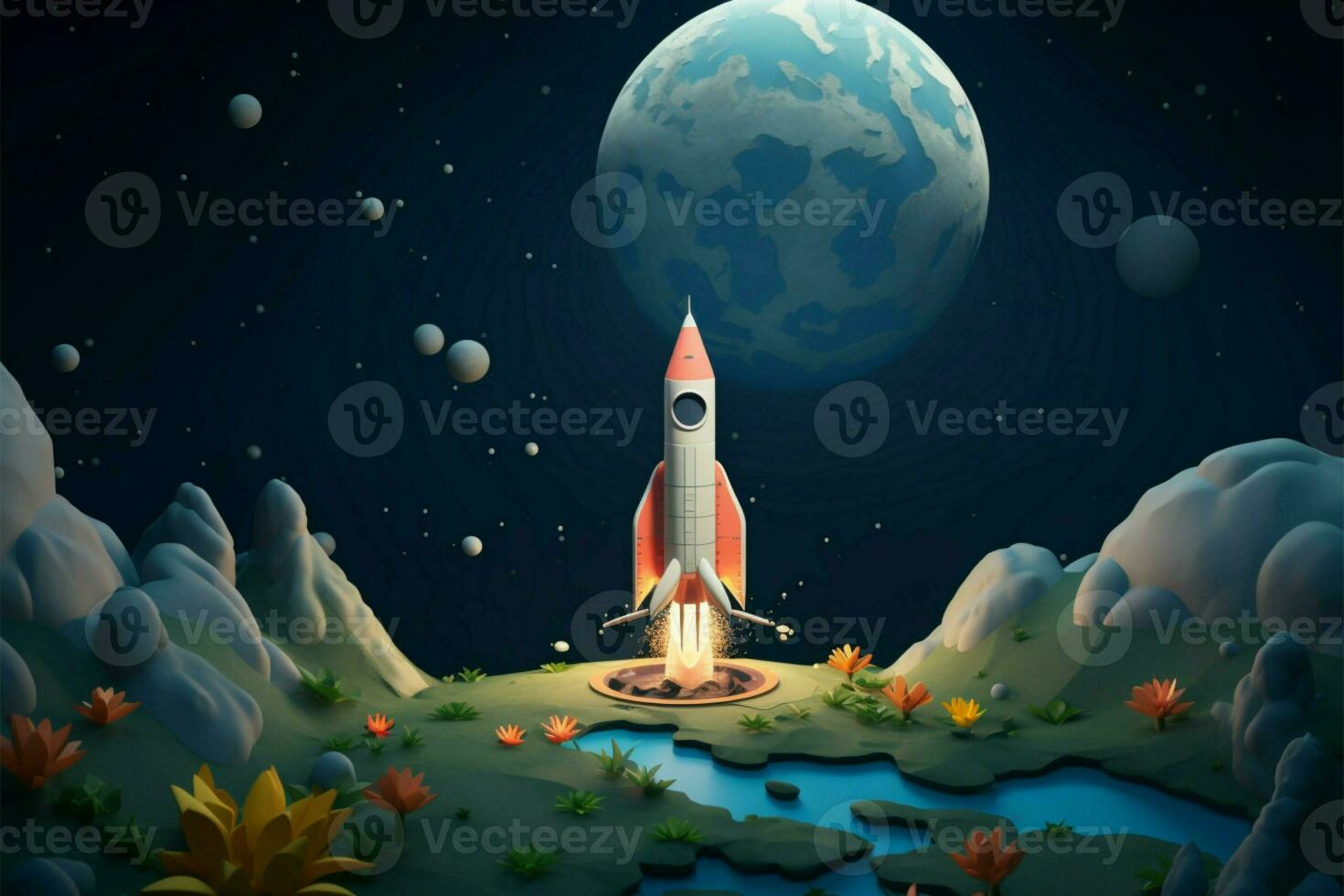 Child friendly space cartoon backdrop with a whimsical rocket design AI Generated photo