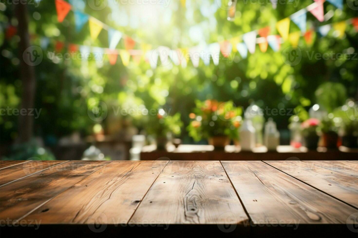 borroso jardín fiesta fondo marcos un desocupado de madera mesa hermosamente ai generado foto