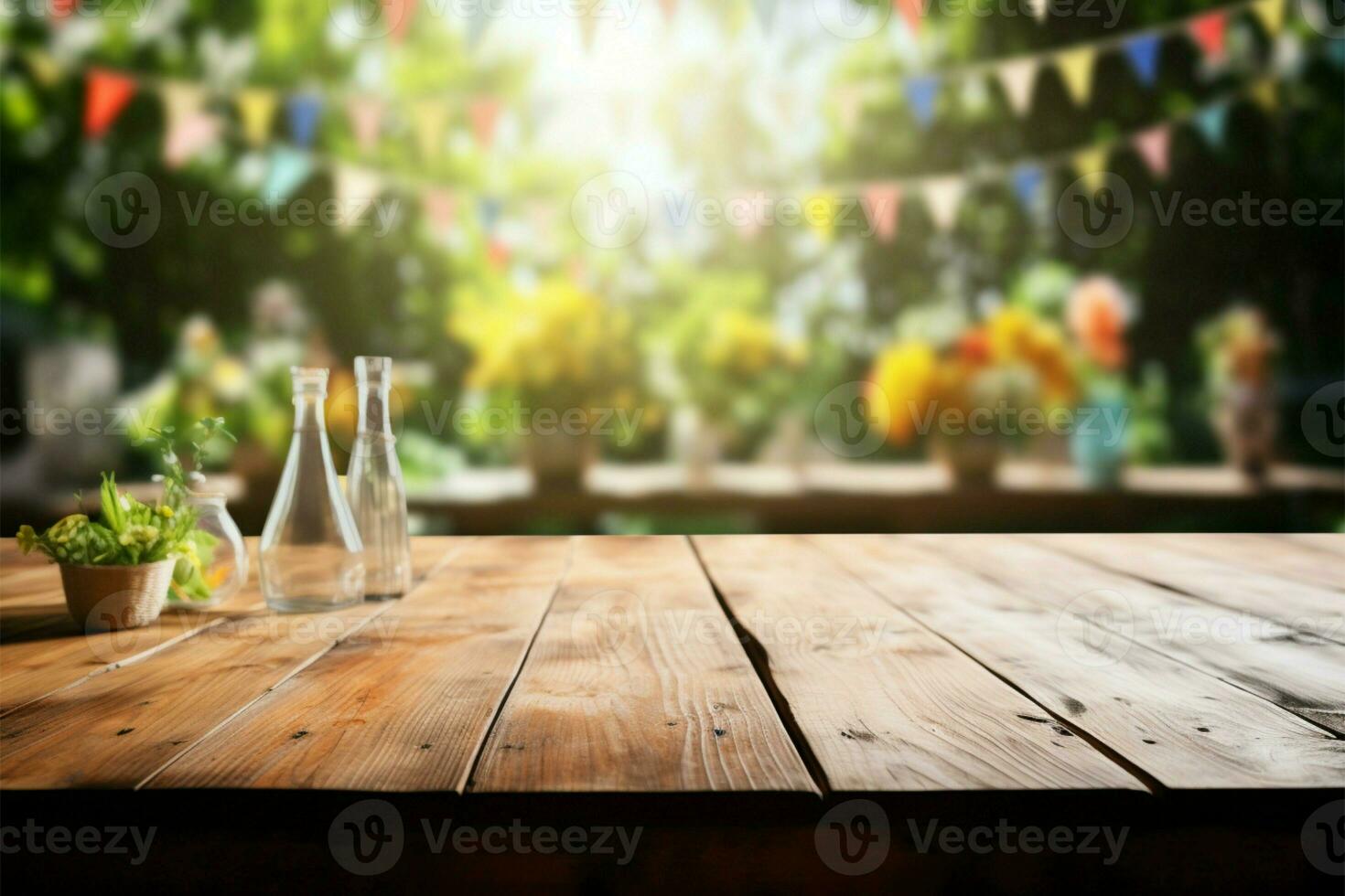 Blurred garden party backdrop frames an unoccupied wooden table beautifully AI Generated photo