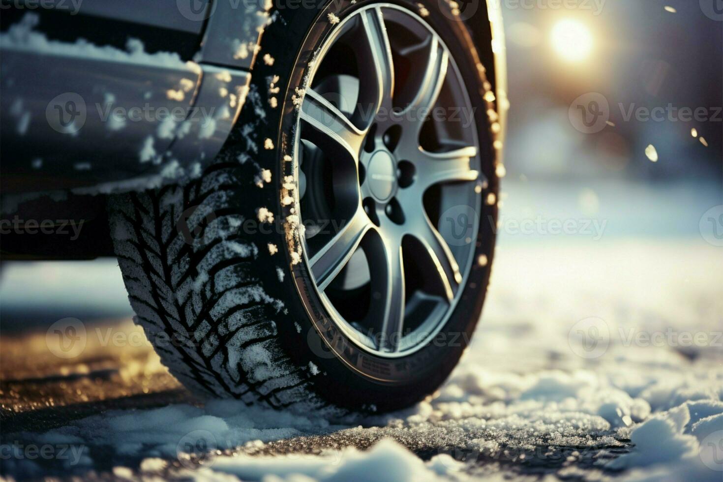 Detailed view of a winter tire on a car wheel in motion AI Generated photo