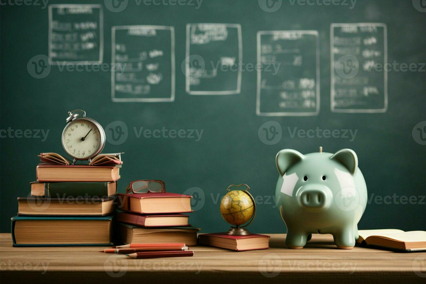 Green chalkboard serves as the backdrop for books and a piggy bank AI Generated photo