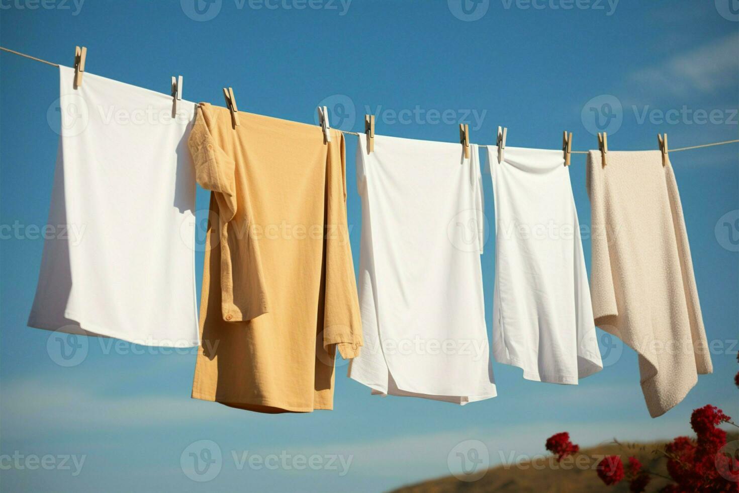 Hanging clothes dry in the breeze on the laundry line AI Generated photo