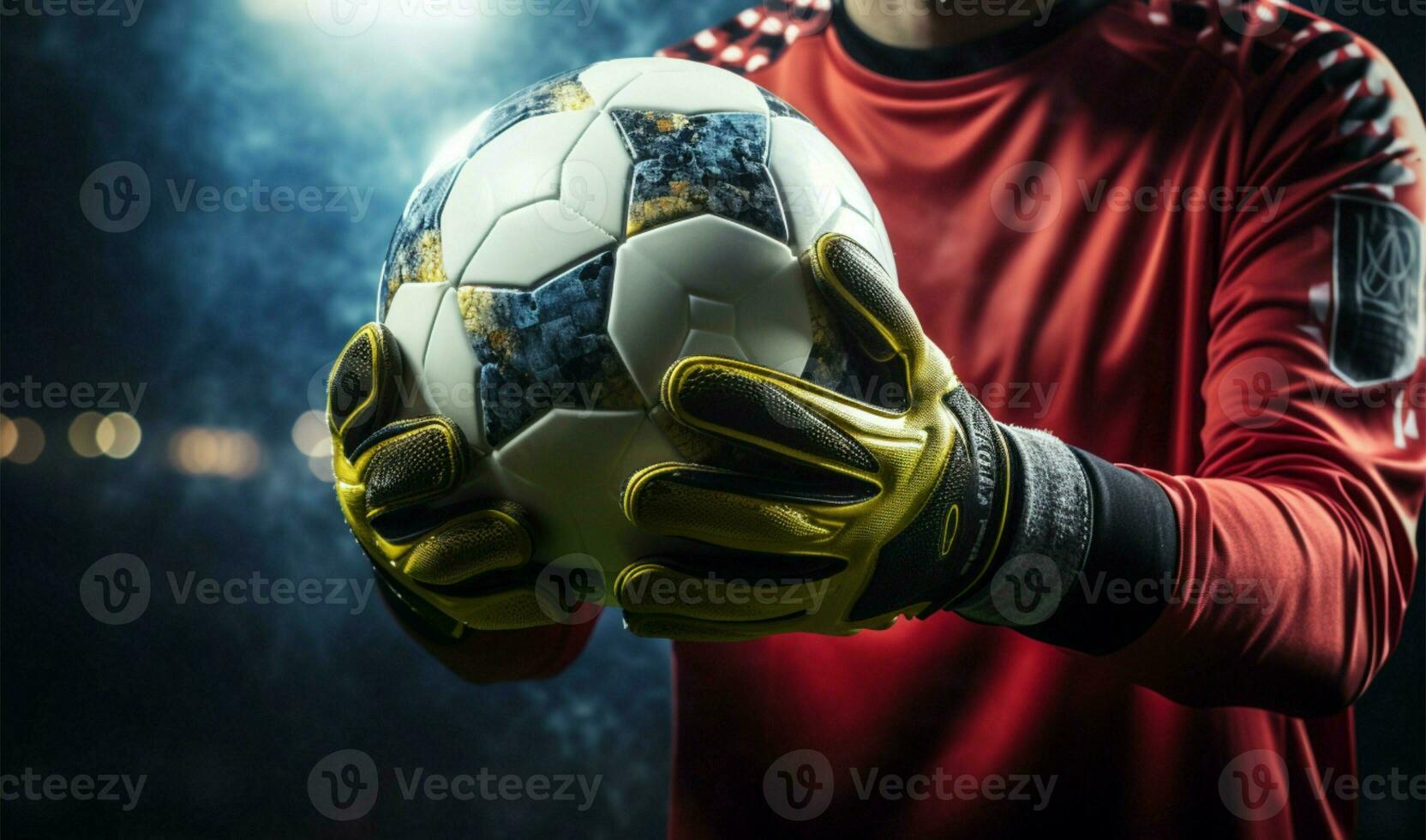 In close proximity, the goalkeeper clutches the soccer ball firmly AI Generated photo