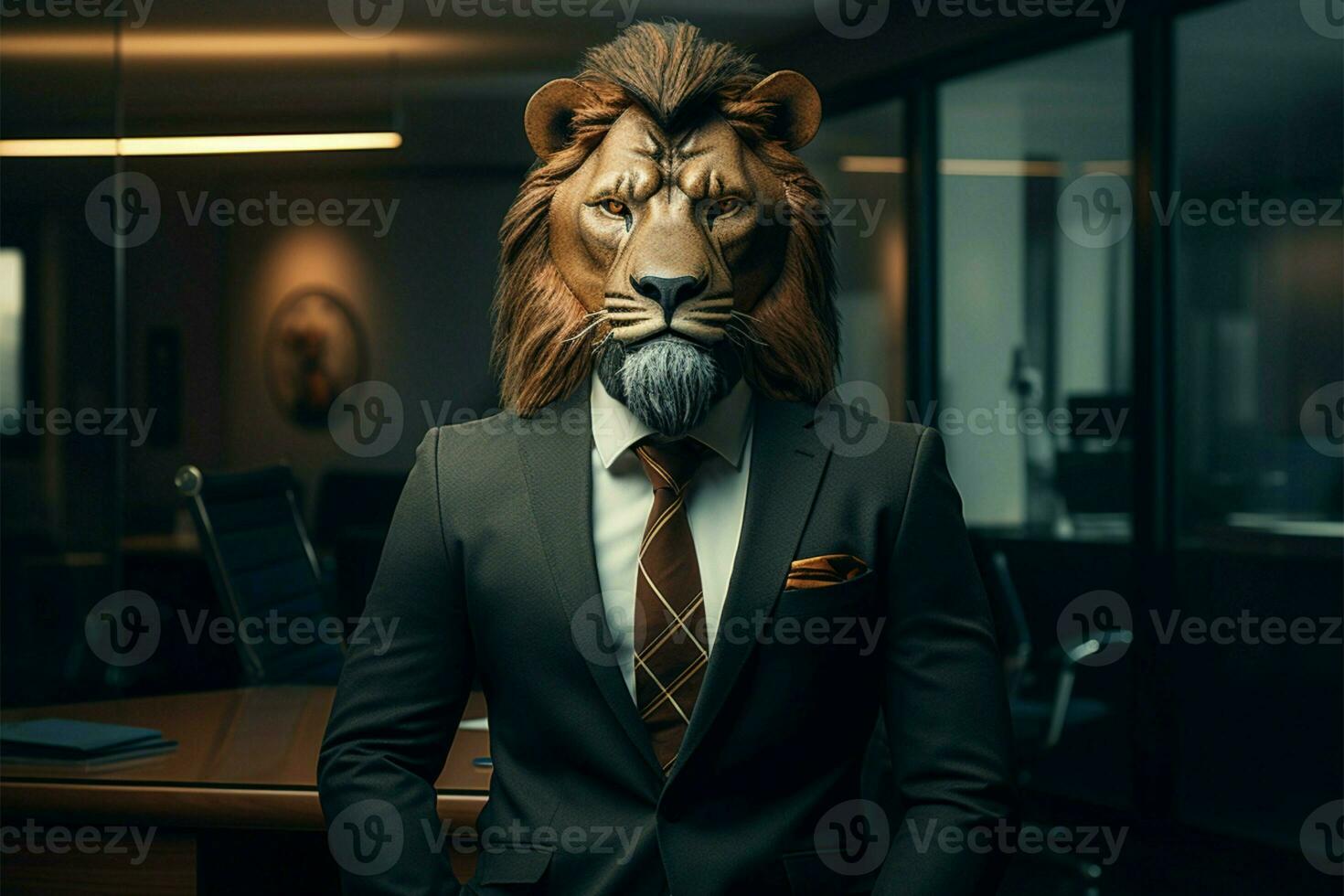 In the office, a lion headed figure represents a formidable leader AI Generated photo