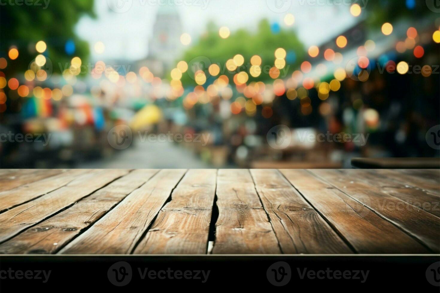 Party scene blurs behind an unoccupied wooden table in focus AI Generated photo