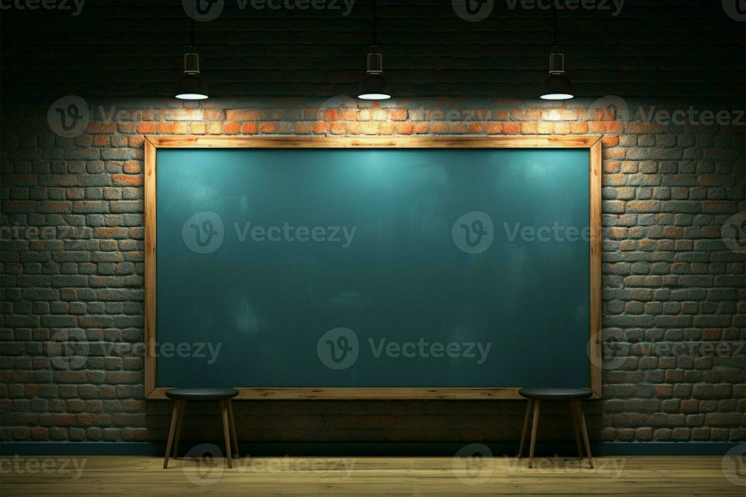 Spotlights illuminate a brick showroom with a chalkboard and blue wall AI Generated photo