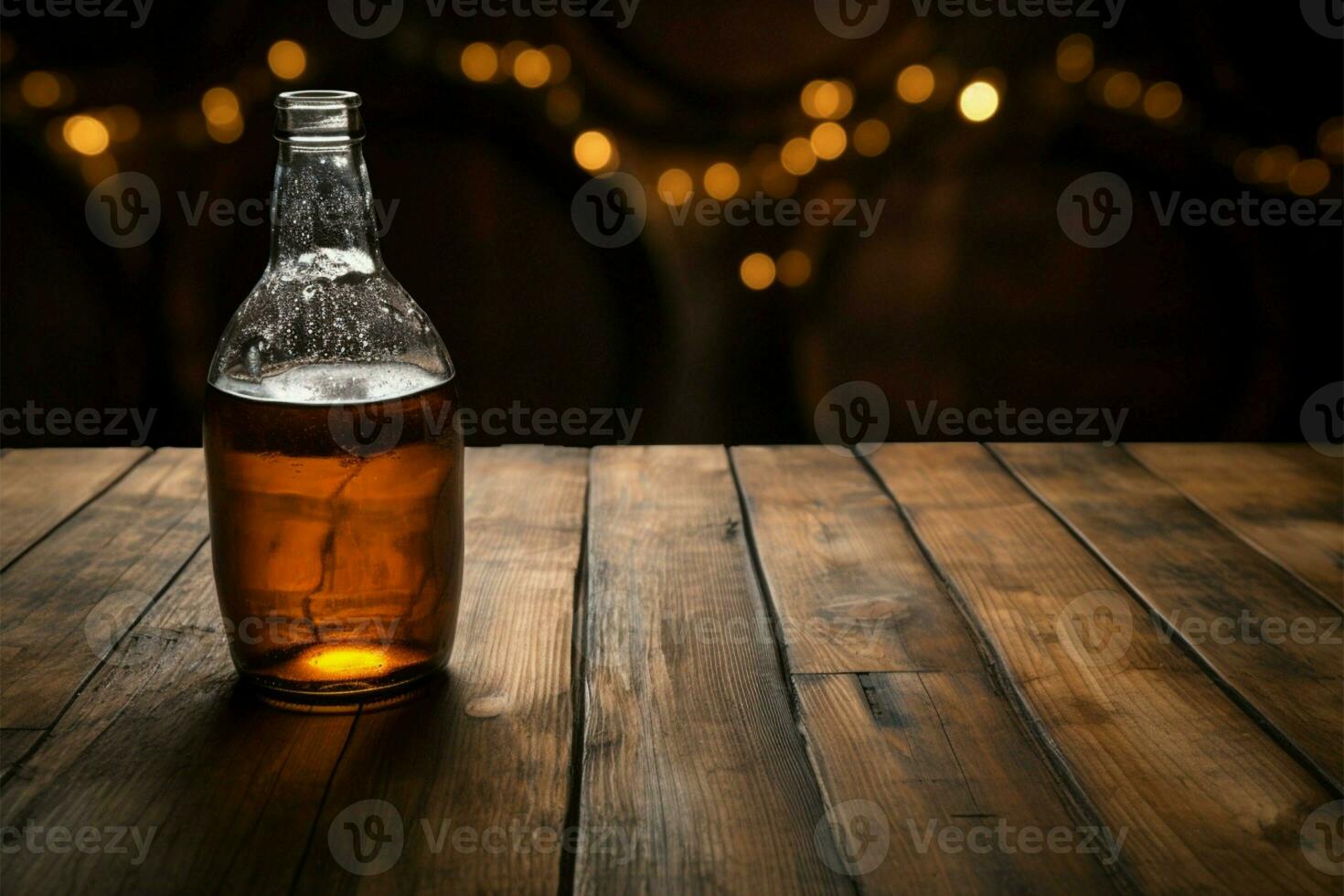 aéreo perspectiva cerveza botella, vaso, y tapas en de madera superficie ai generado foto