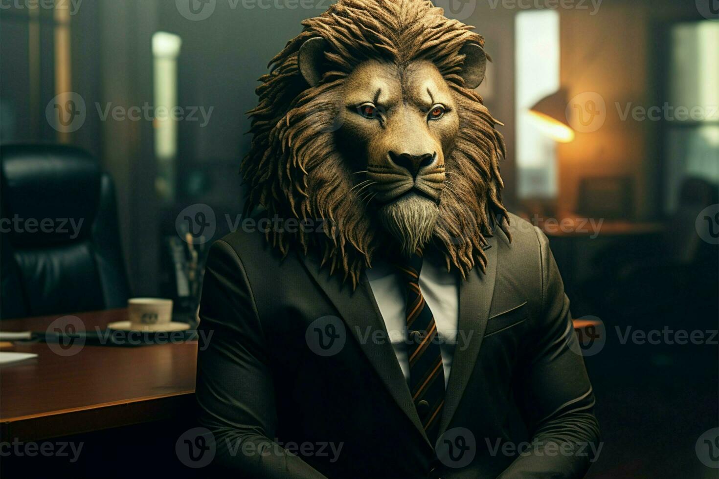 A corporate executive, with a lions head, presides over the office AI Generated photo