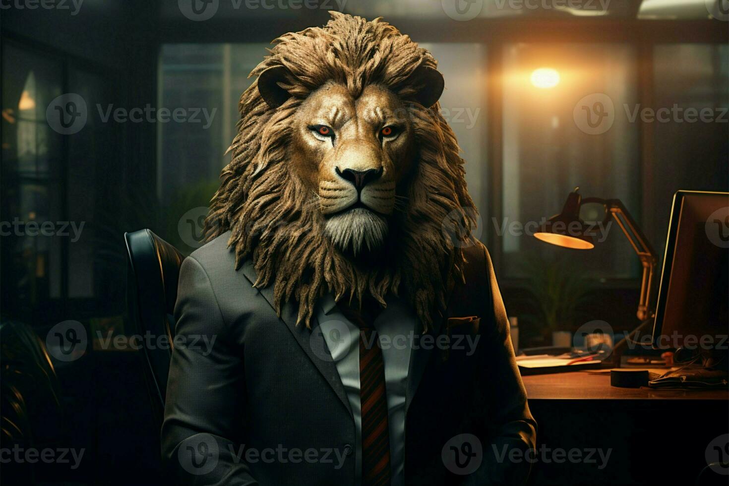 A lion headed CEO oversees operations in the corporate office space AI Generated photo