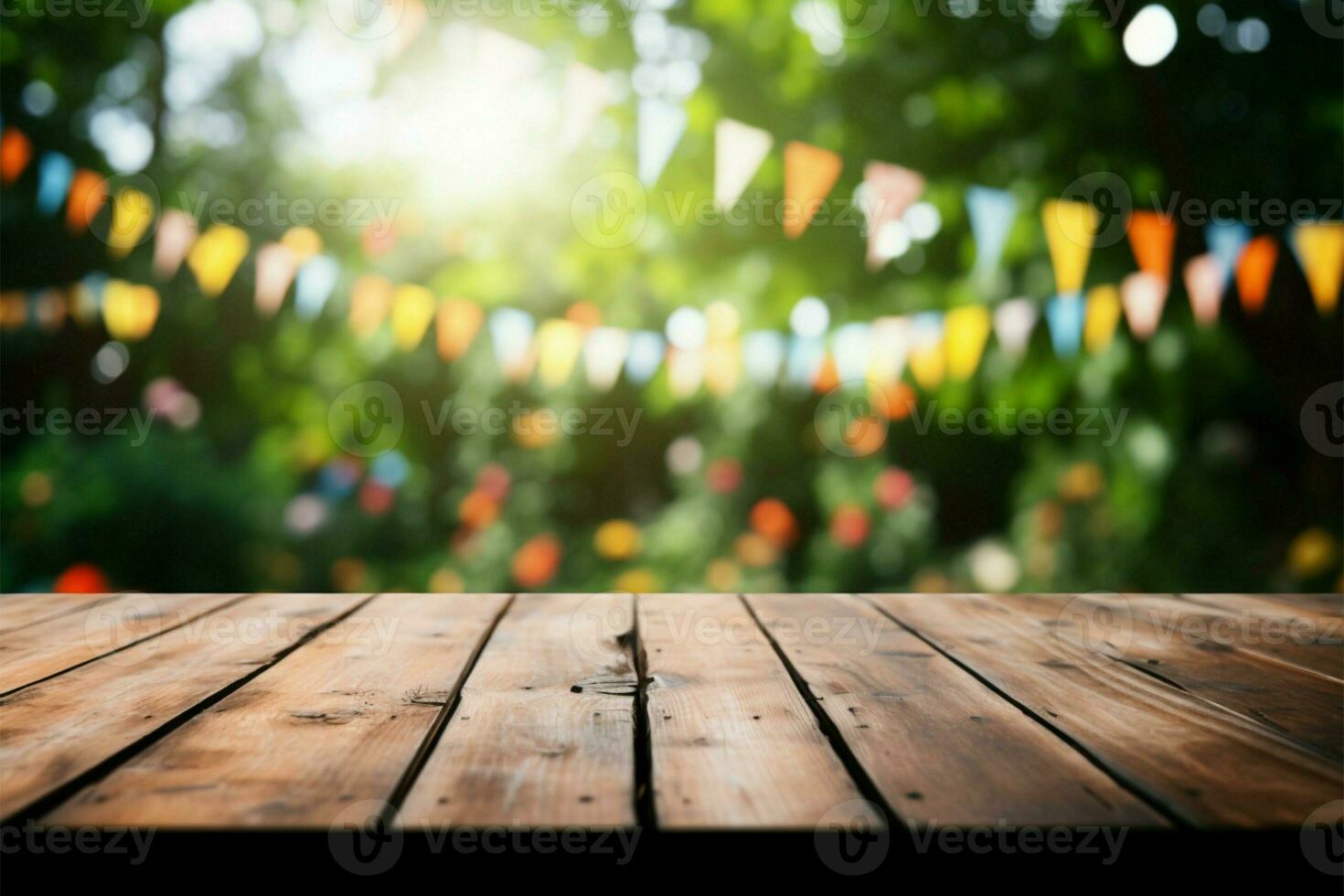 Wooden table waits amid a garden celebrations delightful background blur AI Generated photo
