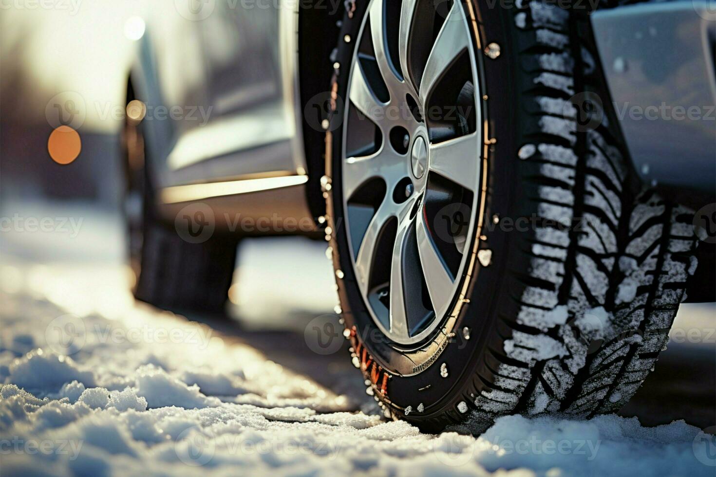 Winter tire close up on a car wheel navigating snowy road AI Generated photo
