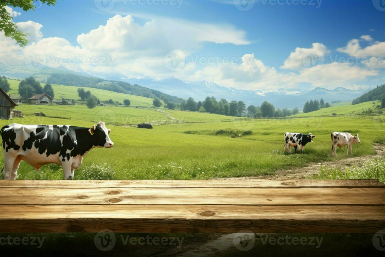 en medio de de madera alrededores, contenido vacas encontrar un pacífico pasto espacio ai generado foto