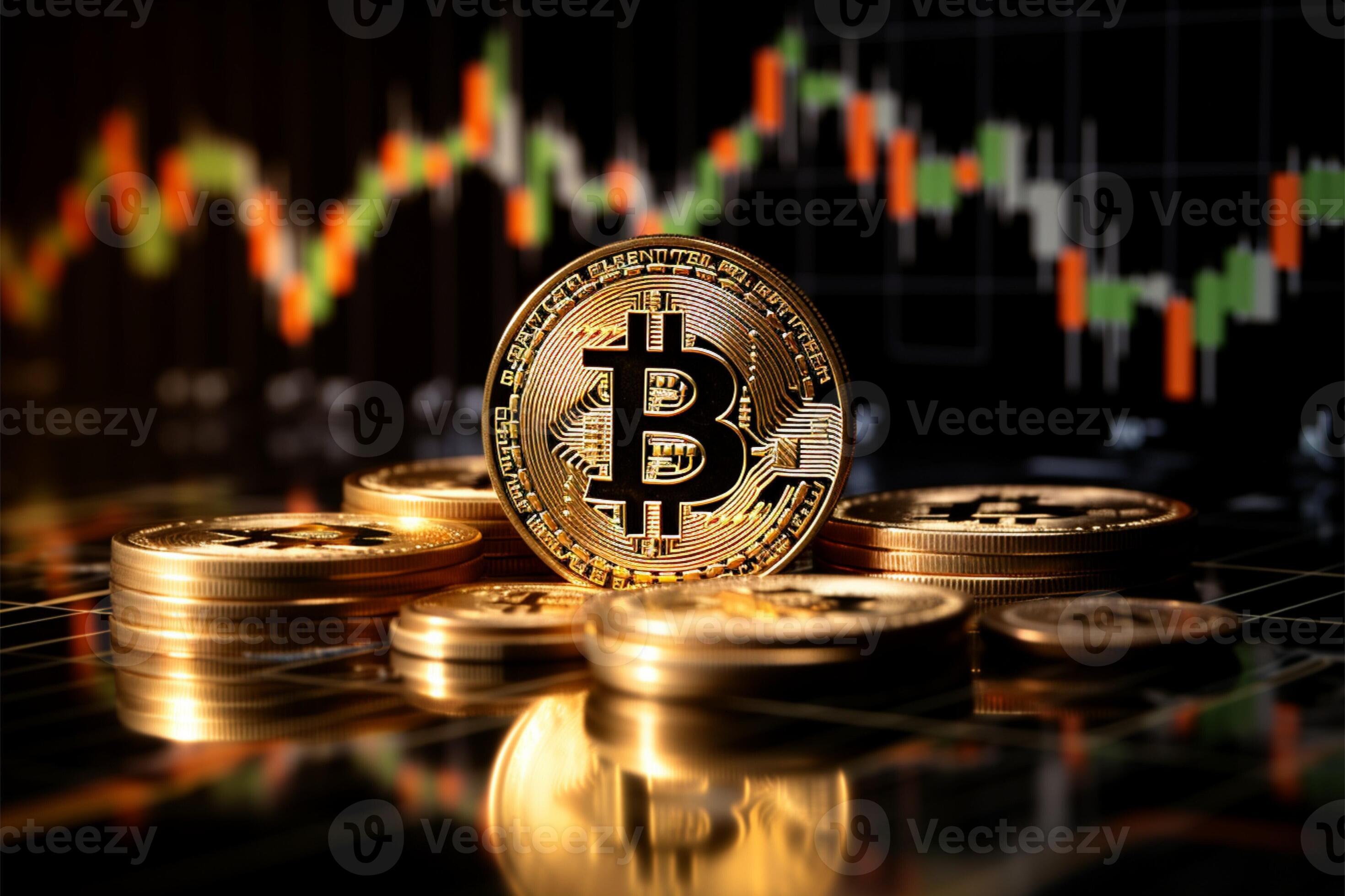 Bitcoin close up on black background, alongside a trading graph chart ...