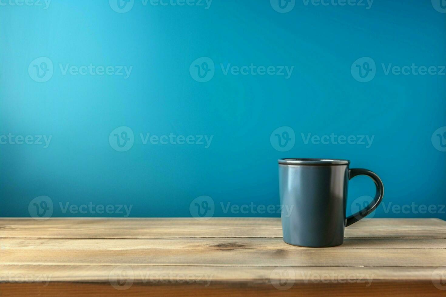 Black coffee mug, rustic wood table, contrasting with blue background AI Generated photo