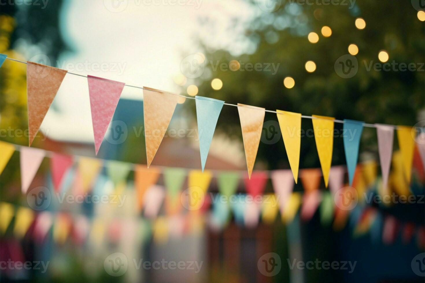 Blurry background of a festive outdoor party with colorful flag adornments AI Generated photo