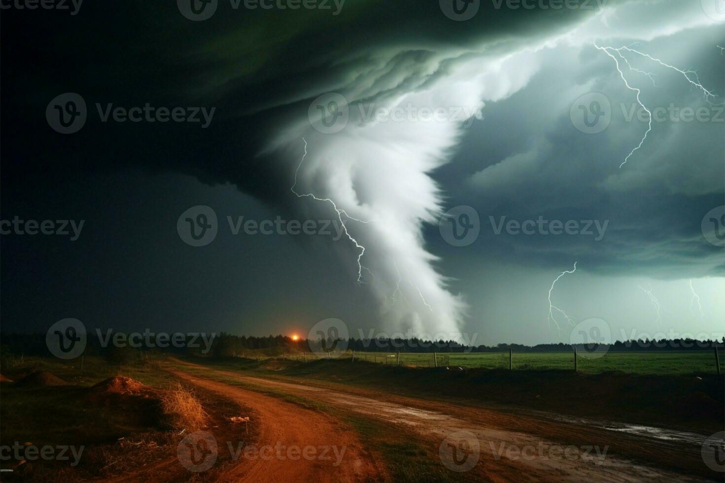 un feroz y poderoso tornado, un devastador natural fenómeno ai generado foto