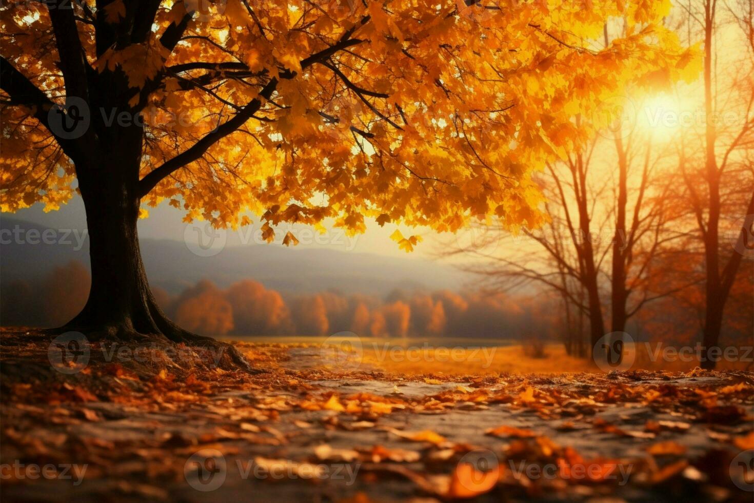 Captivating autumn landscape with yellow trees, sun, and falling leaves AI Generated photo