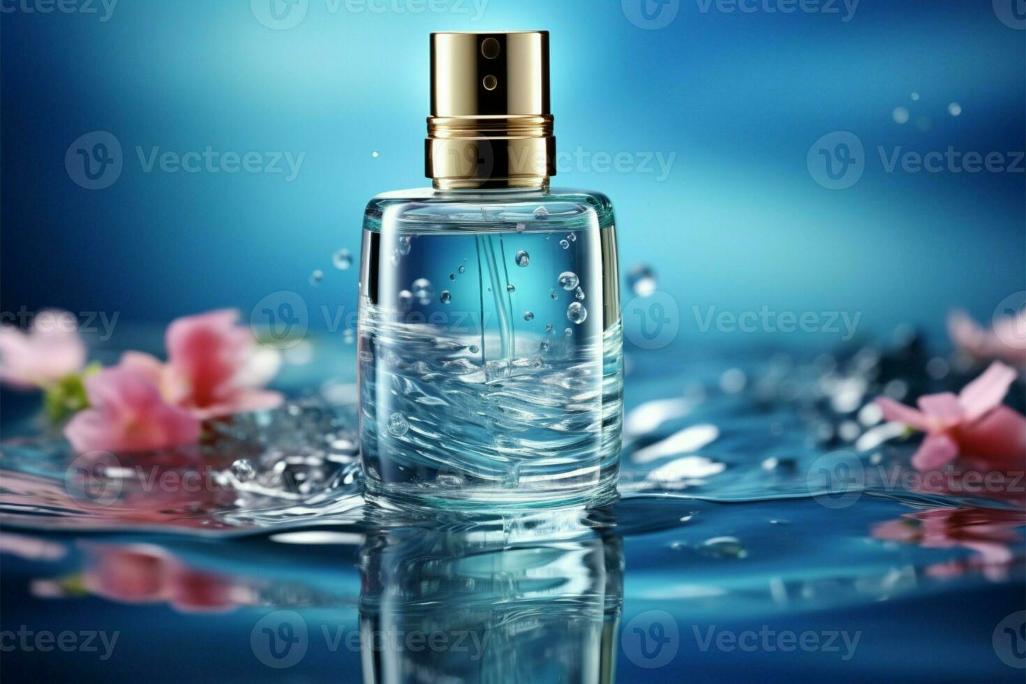 colágeno suero botella, vaso envase, agua escena, 3d representación ai generado foto