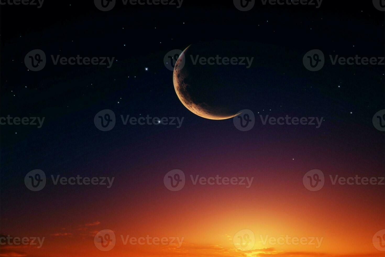 Crescent moon, star, twilight sky, orange sunlight, space for Arabic text AI Generated photo