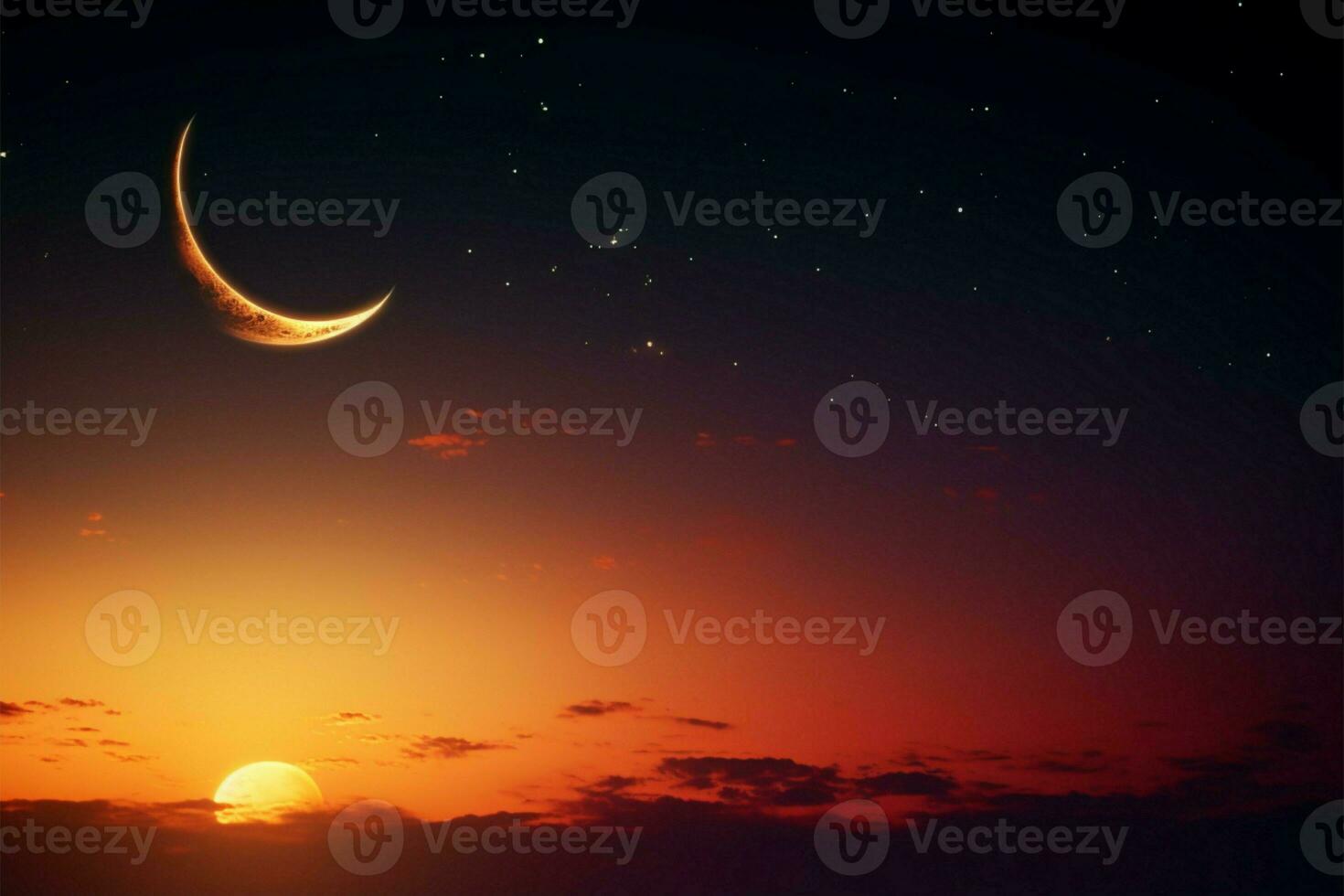 creciente luna, estrella, crepúsculo cielo, naranja luz de sol, espacio para Arábica texto ai generado foto