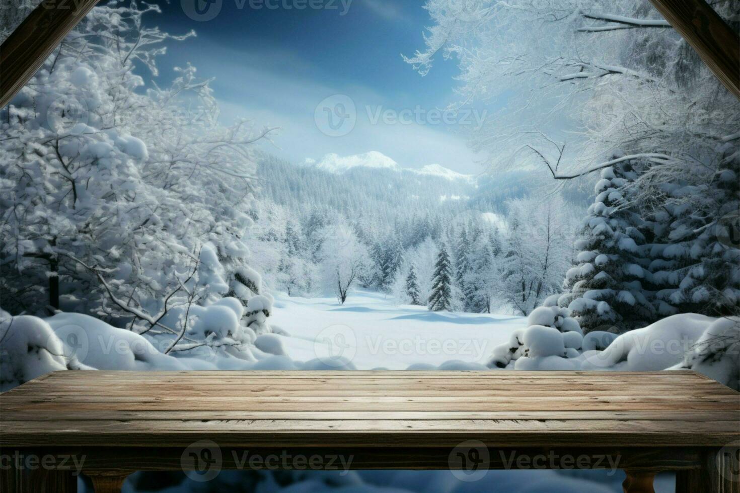 escritorio cubierto en copos de nieve, con un pintoresco invierno paisaje fondo ai generado foto