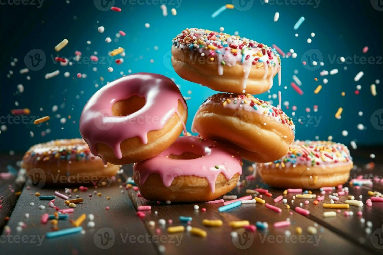 Flying sweet treats Donuts with vibrant sprinkles on a blue canvas AI Generated photo