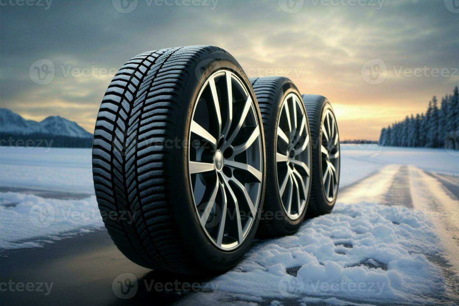 Fresh winter tires displayed against a snowy road, brand new quality AI Generated photo