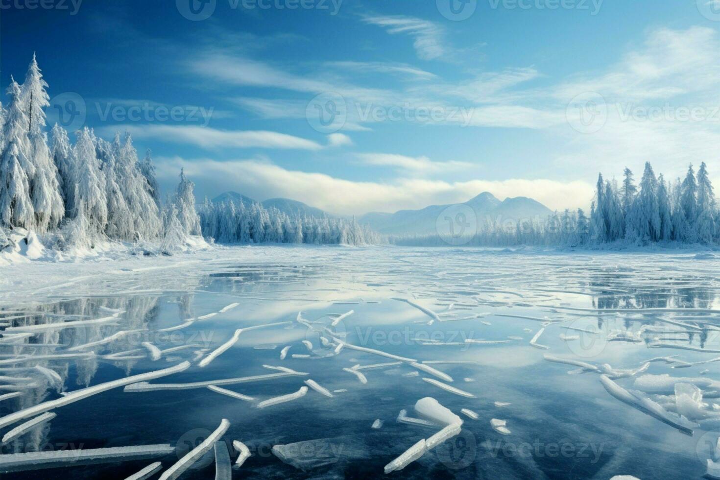 congelado lago, azur hielo con grietas, enmarcado por invierno pino colinas ai generado foto