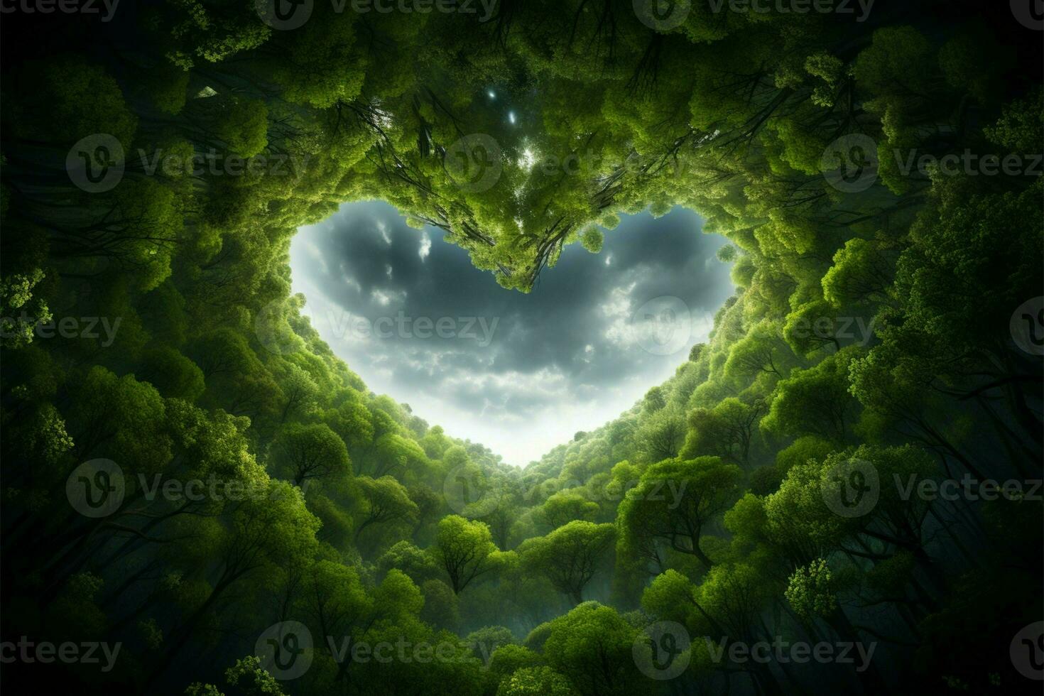 Illustration of forest canopy forming a heart shape in the sky AI Generated photo