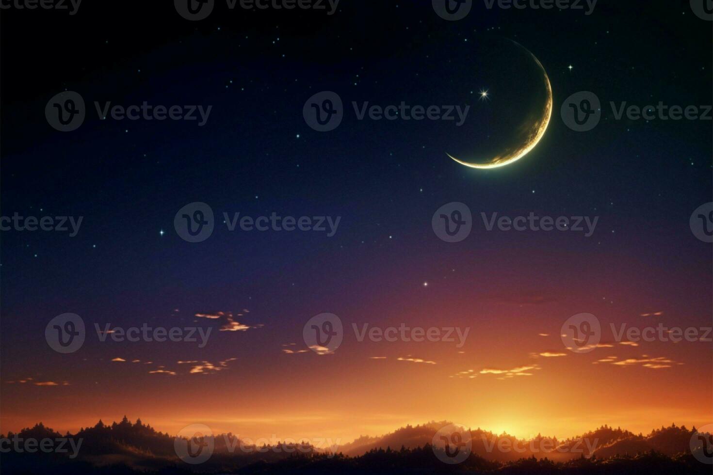 un maravilloso noche cielo con creciente luna, estrella, y Arábica texto ai generado foto