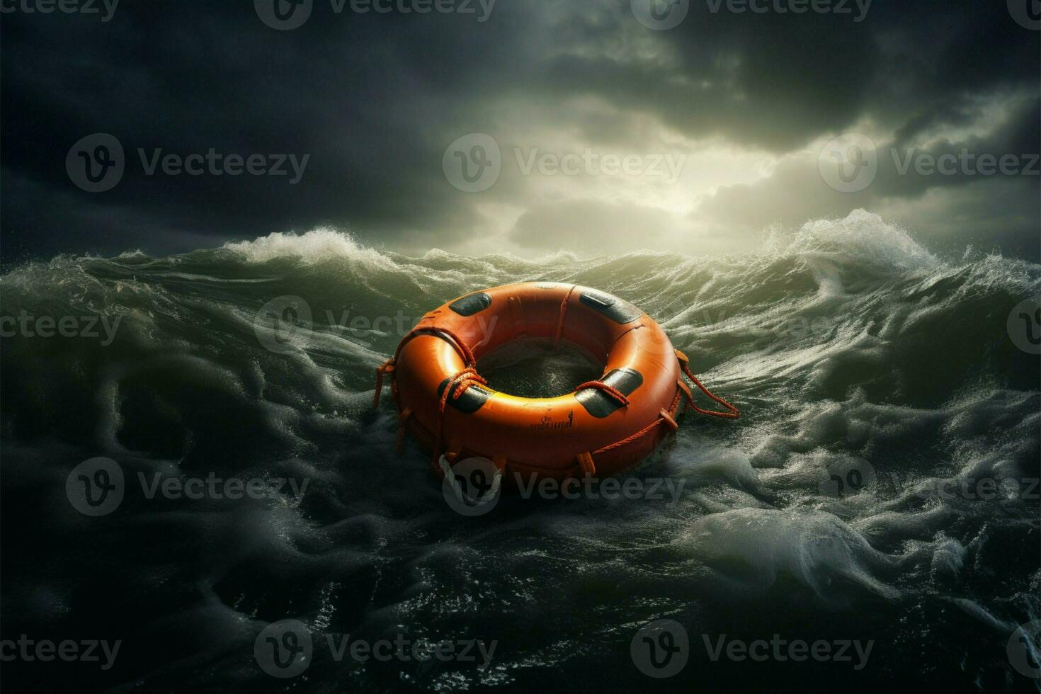 Life buoy teetering in a stormy sea under gray turbulent skies AI Generated photo