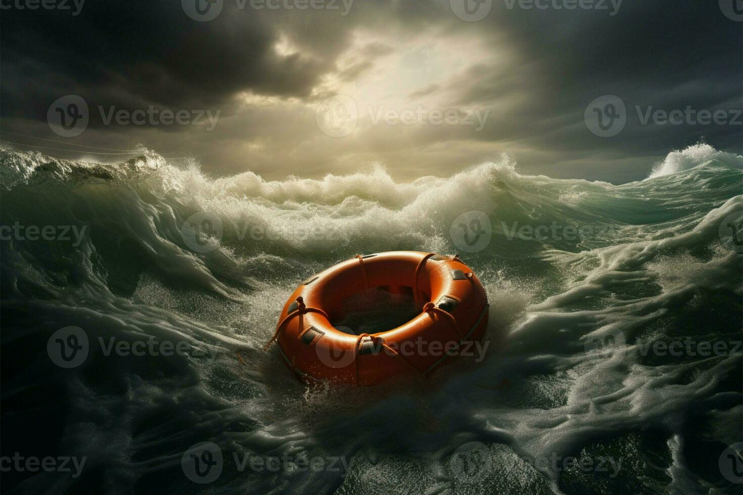 Life buoy teetering in a stormy sea under gray turbulent skies AI Generated photo