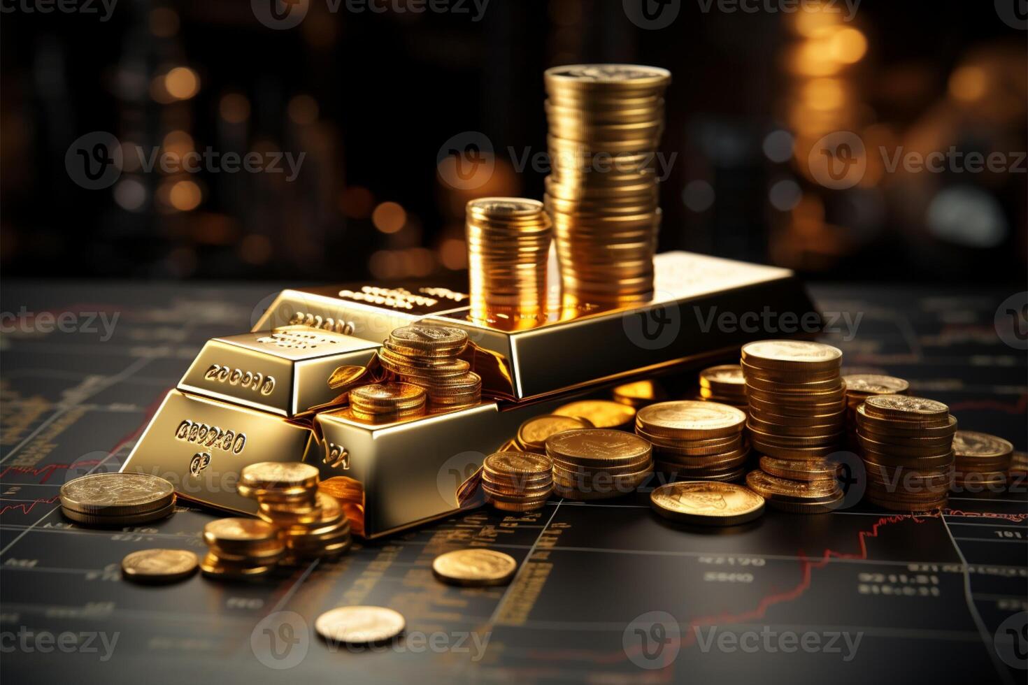 A tableau of gold bars, coins, and a financial chart AI Generated