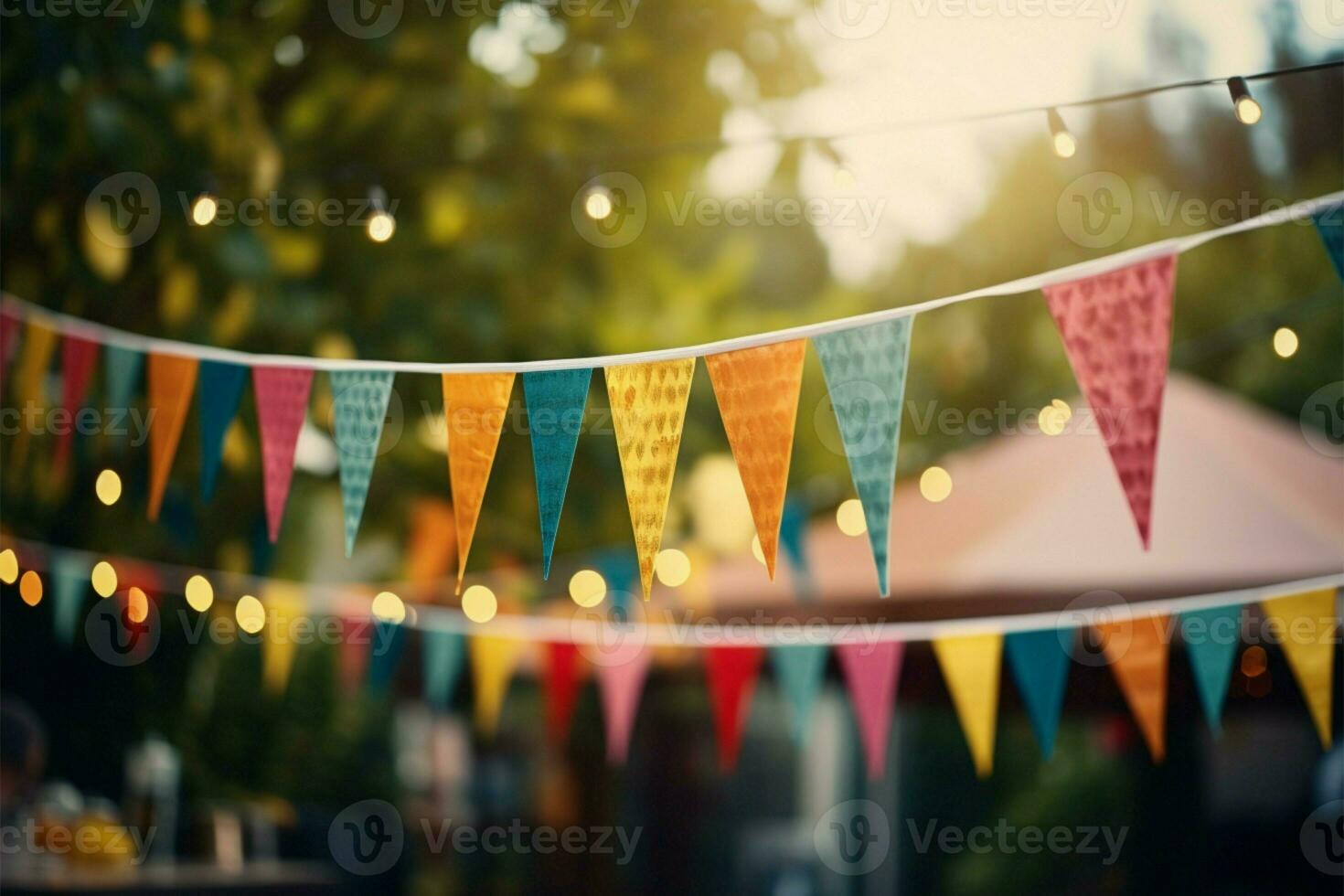 Outdoor party ambiance vintage tones, colorful triangular flags in blur AI Generated photo