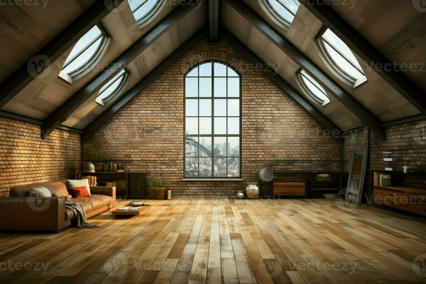 espacioso desván inspirado cámara grande ventana, contemporáneo decoración, de madera pisos ai generado foto