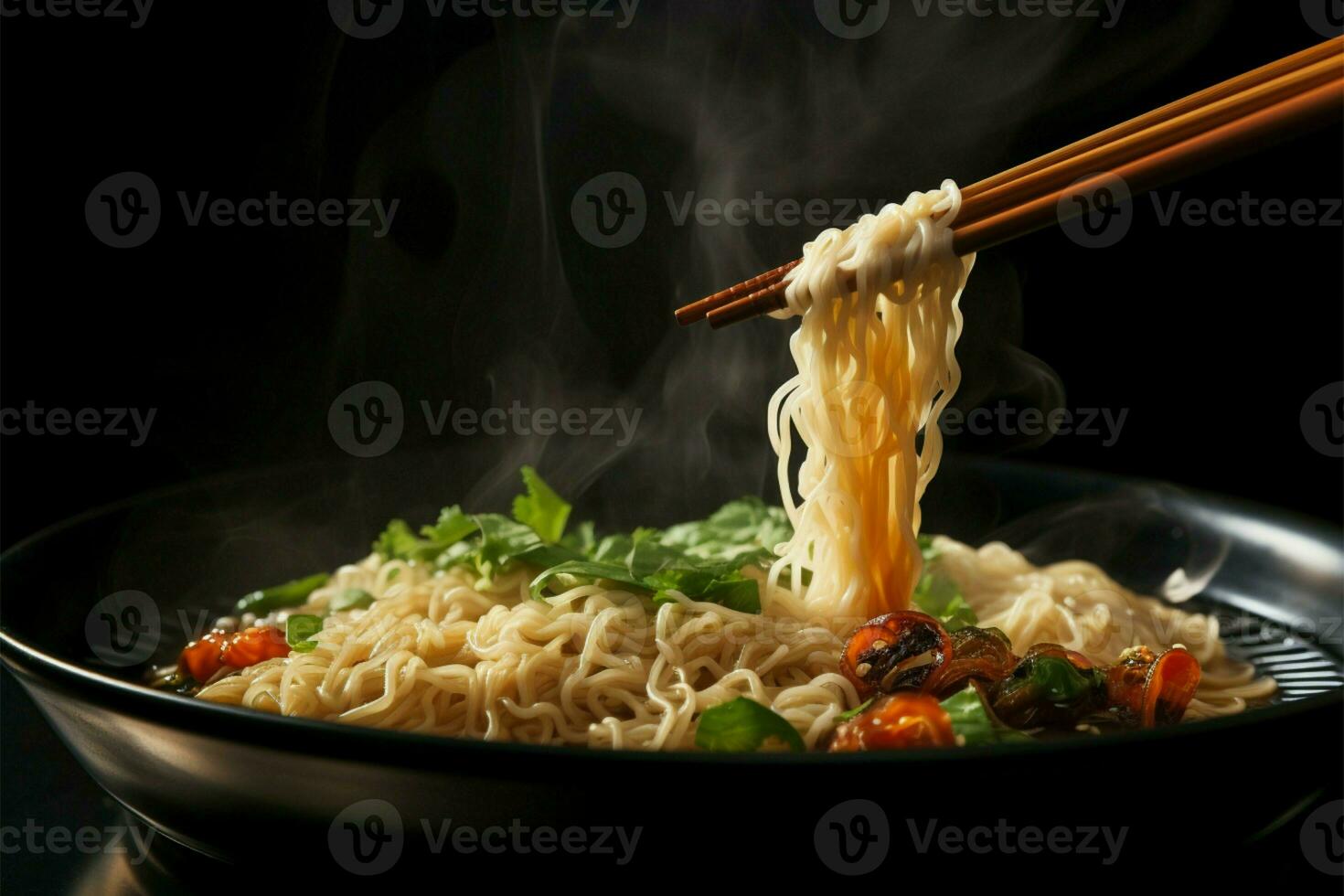 lleno de vapor fideos plato, palillos en acción, conjunto en un negro superficie ai generado foto