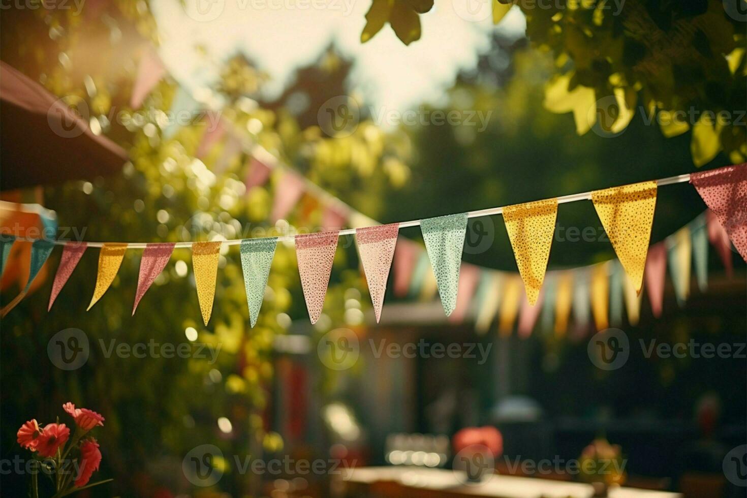 Vintage toned outdoor party scene with colorful triangular flag decorations AI Generated photo