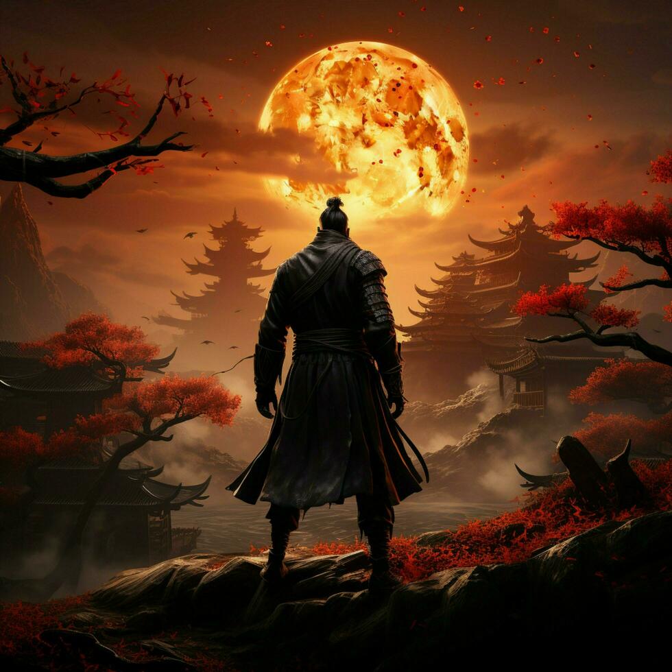 un samurai postura con el puesta de sol como el antecedentes para social medios de comunicación enviar Talla ai generado foto