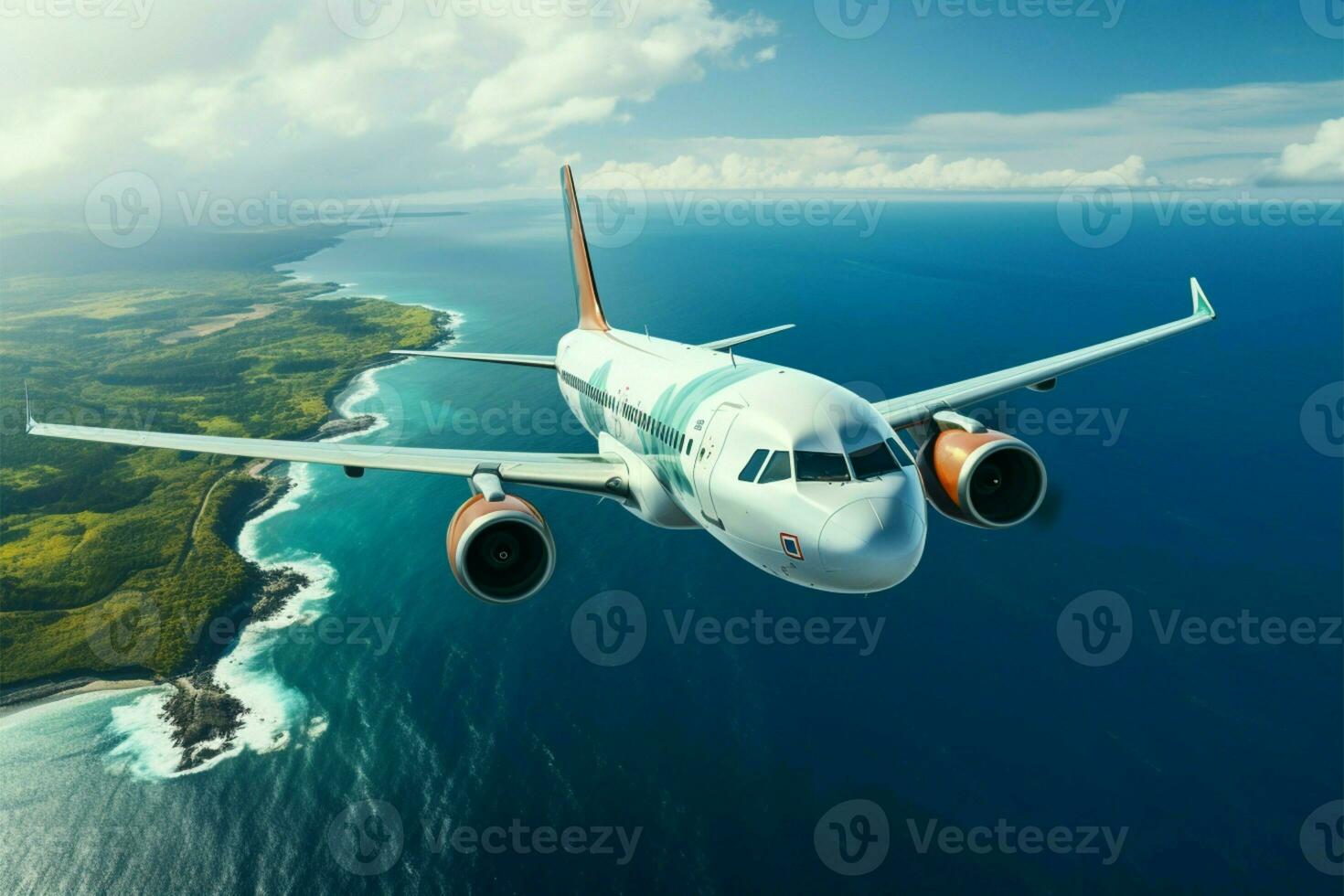 Airplane flying high, offering a top down perspective of ocean and isle AI Generated photo