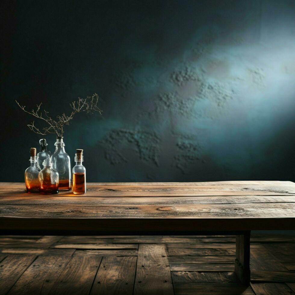 Isolated wooden tabletop, harmonizes with weathered concrete wall texture, visual intrigue For Social Media Post Size AI Generated photo